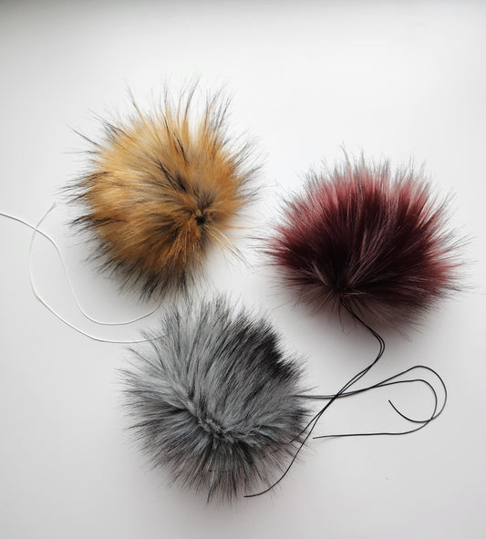 Set of 3 Handmade Faux Fur Pom Poms; Red Fox, Wine, Silver Fox