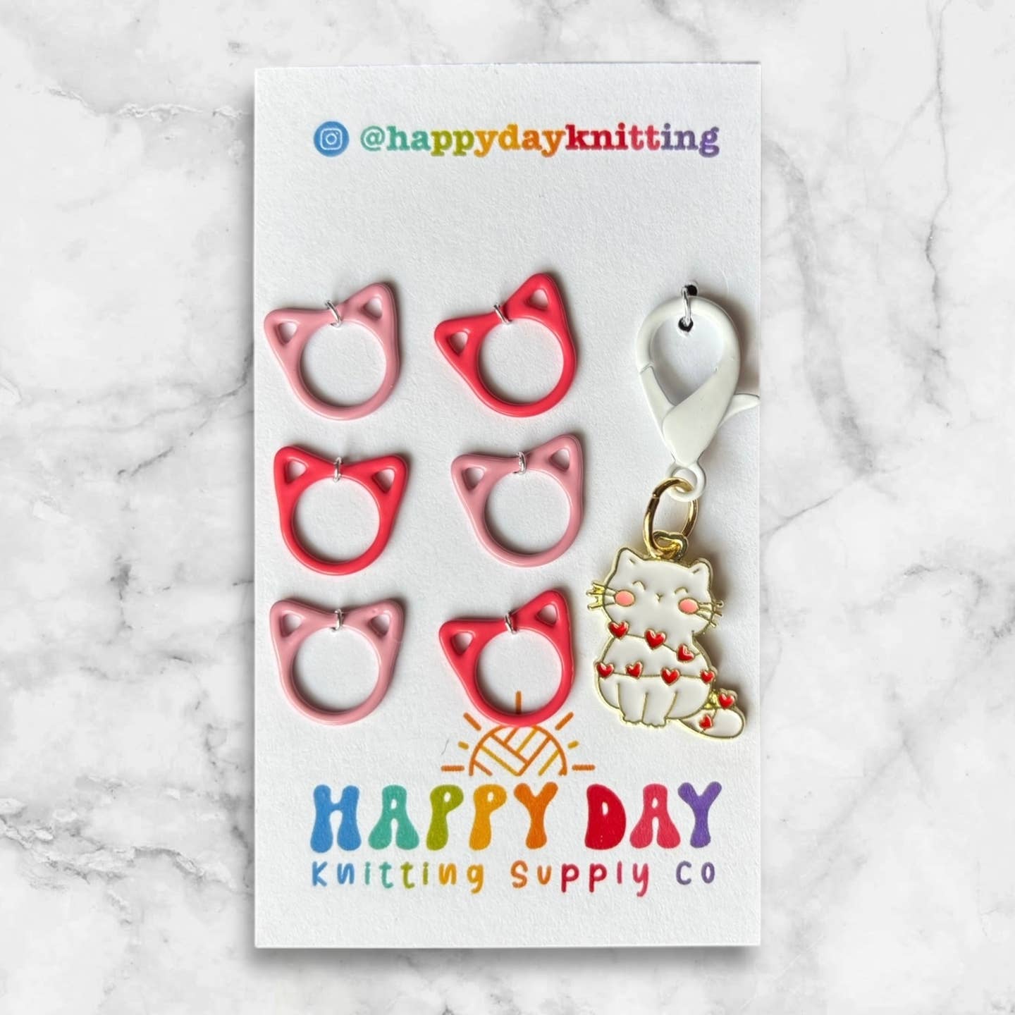 White Cat Stitch Marker with Cat Rings Stitch Marker Set