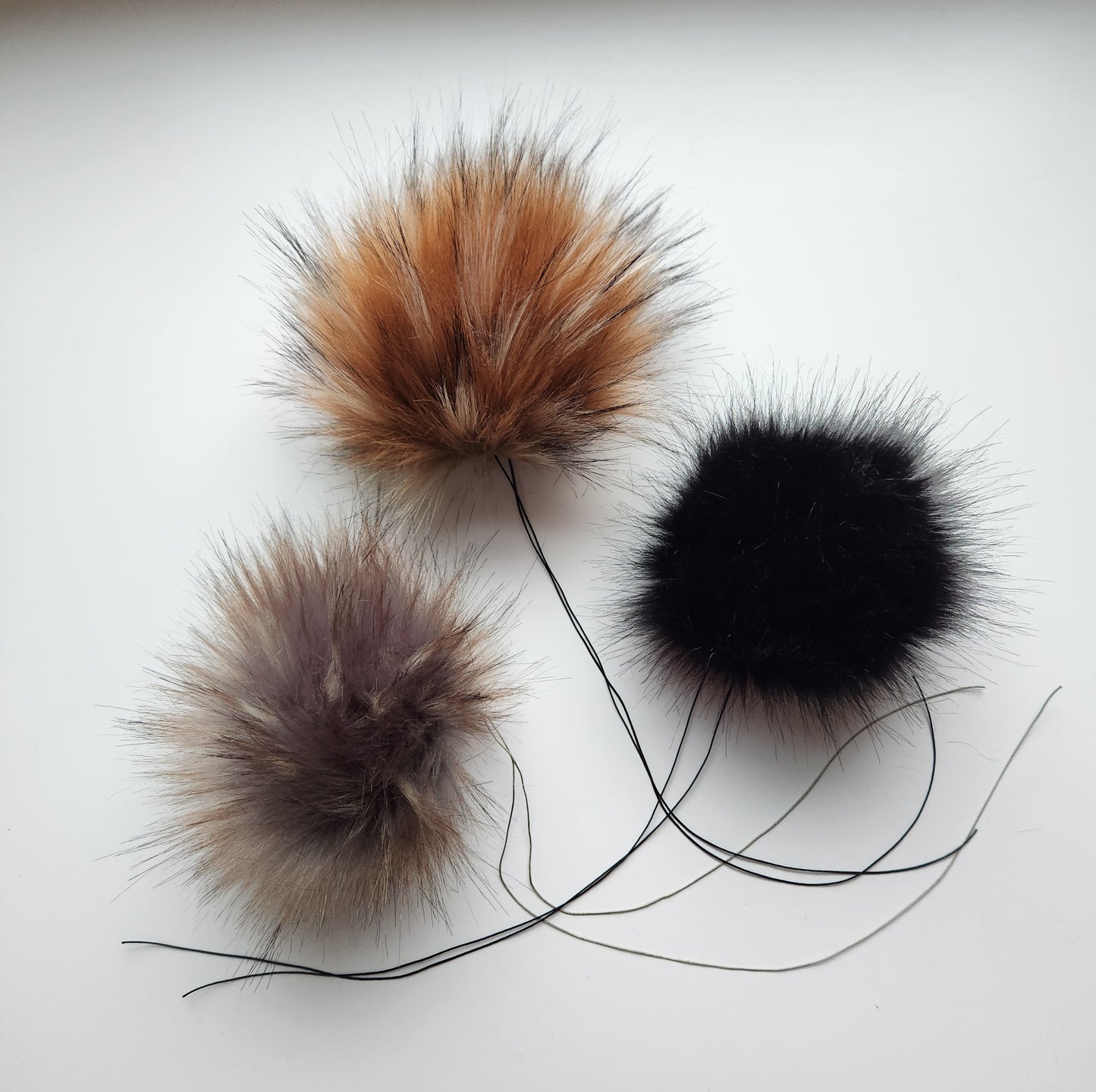 Set of 3 Handmade Faux Fur Pom Poms; Black, Caramel, Dark Gray Wolf