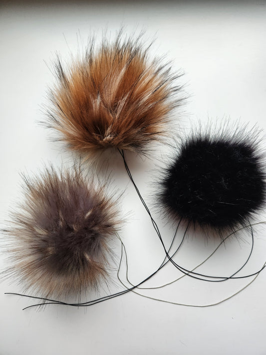 Set of 3 Handmade Faux Fur Pom Poms; Black, Caramel, Dark Gray Wolf