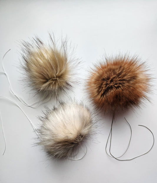 Set of 3 Handmade Faux Fur Pom Poms; Coyote, Red Coyote, Blonde