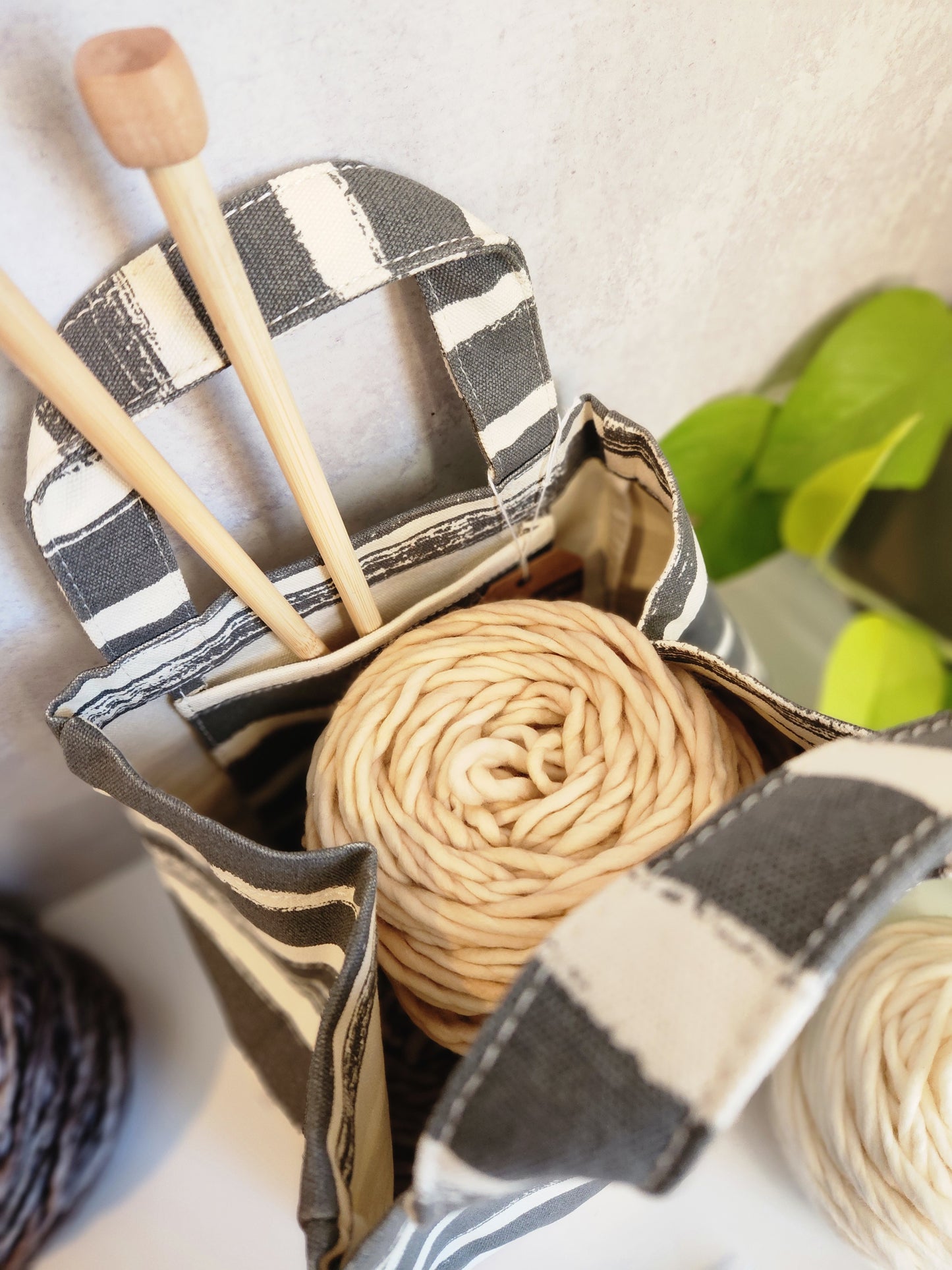 Knitting Project Bag, Lunch Tote, Stripes Charcoal