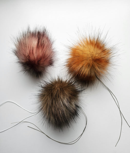Set of 3 Handmade Faux Fur Pom Poms; Rose Quartz, Fire, Toffee