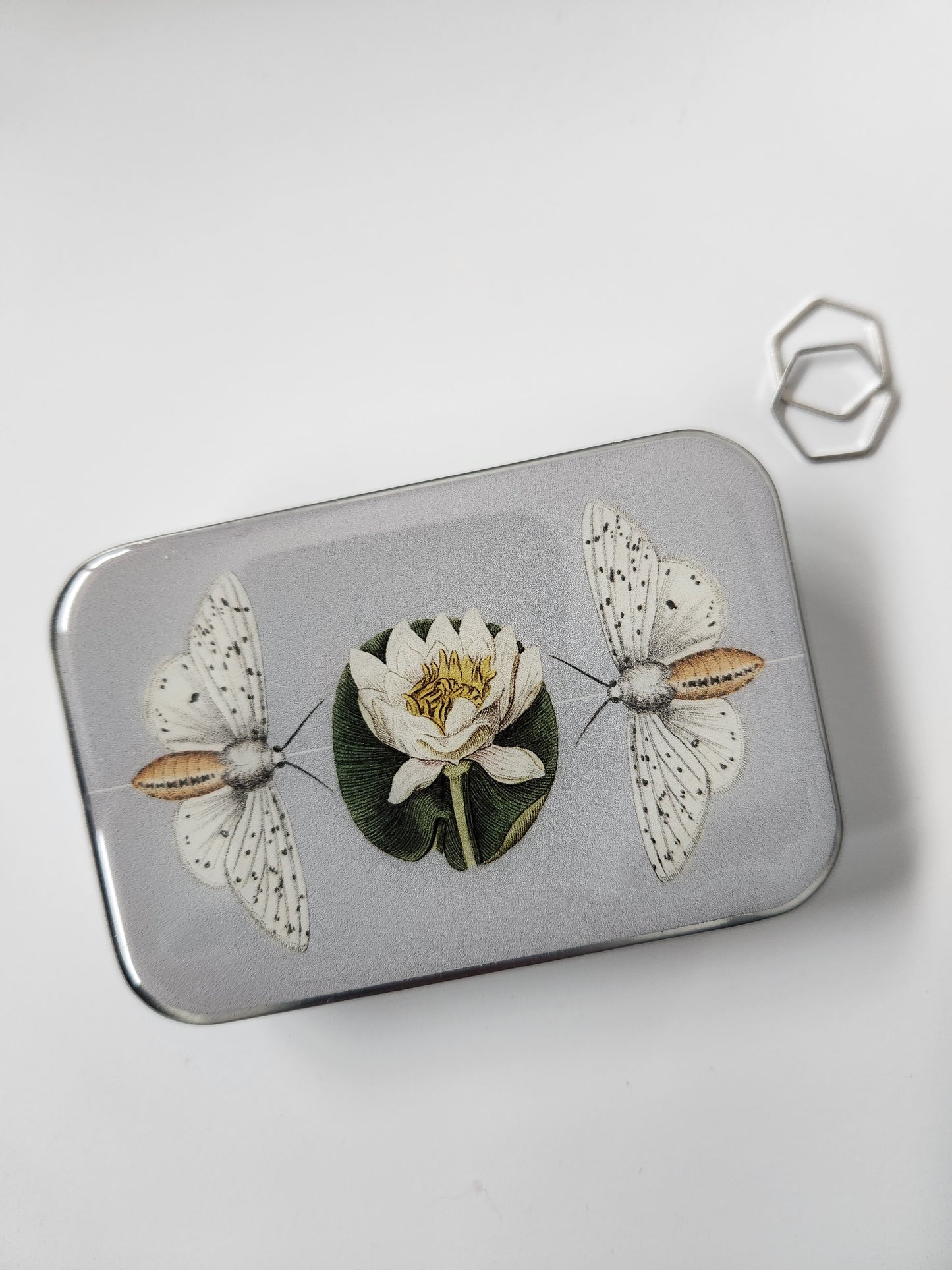 Large Moth and Lotus Flower Notions Tin