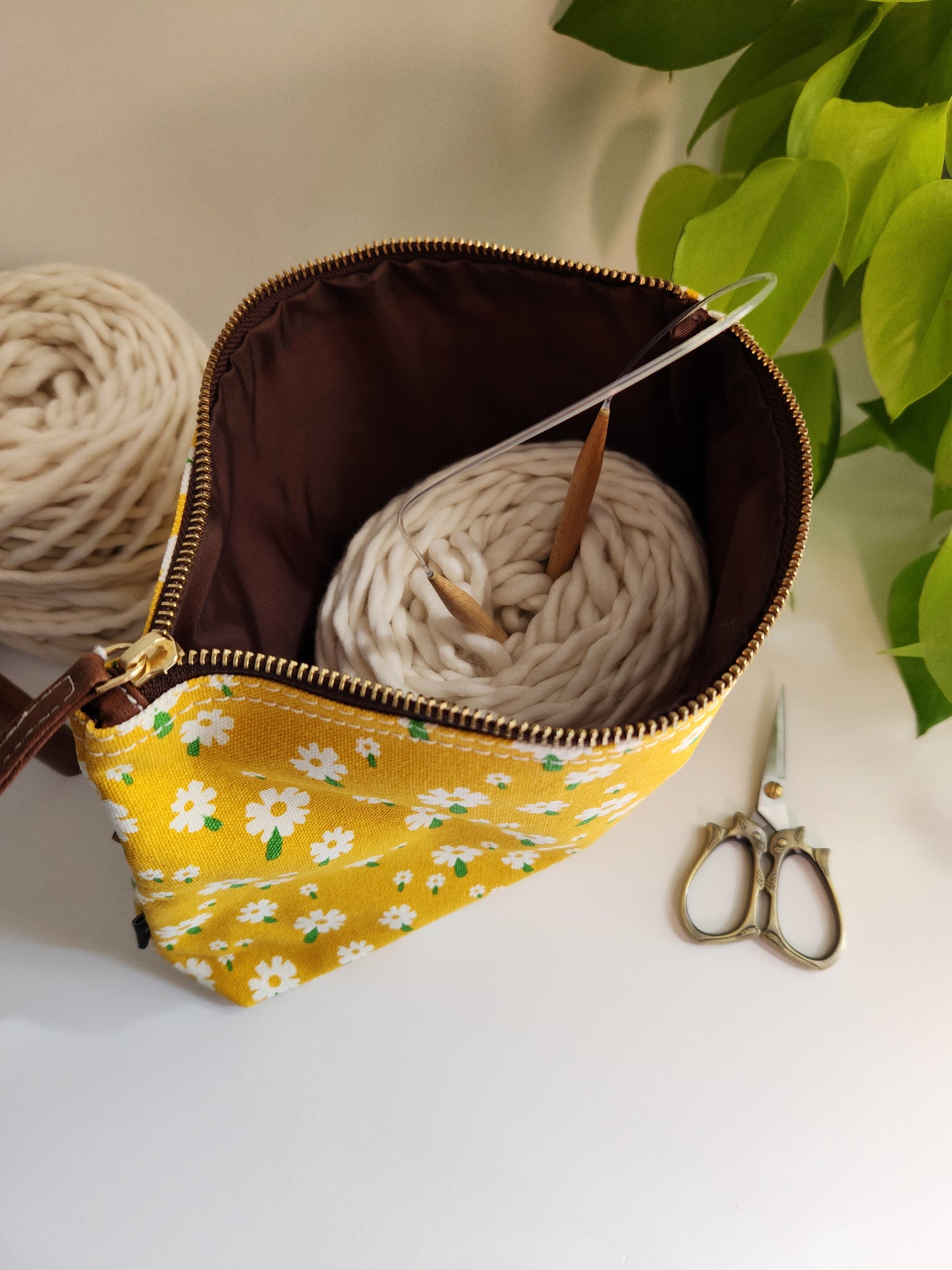 Knitting Project Bag, Large Zipper Pouch, Carmel