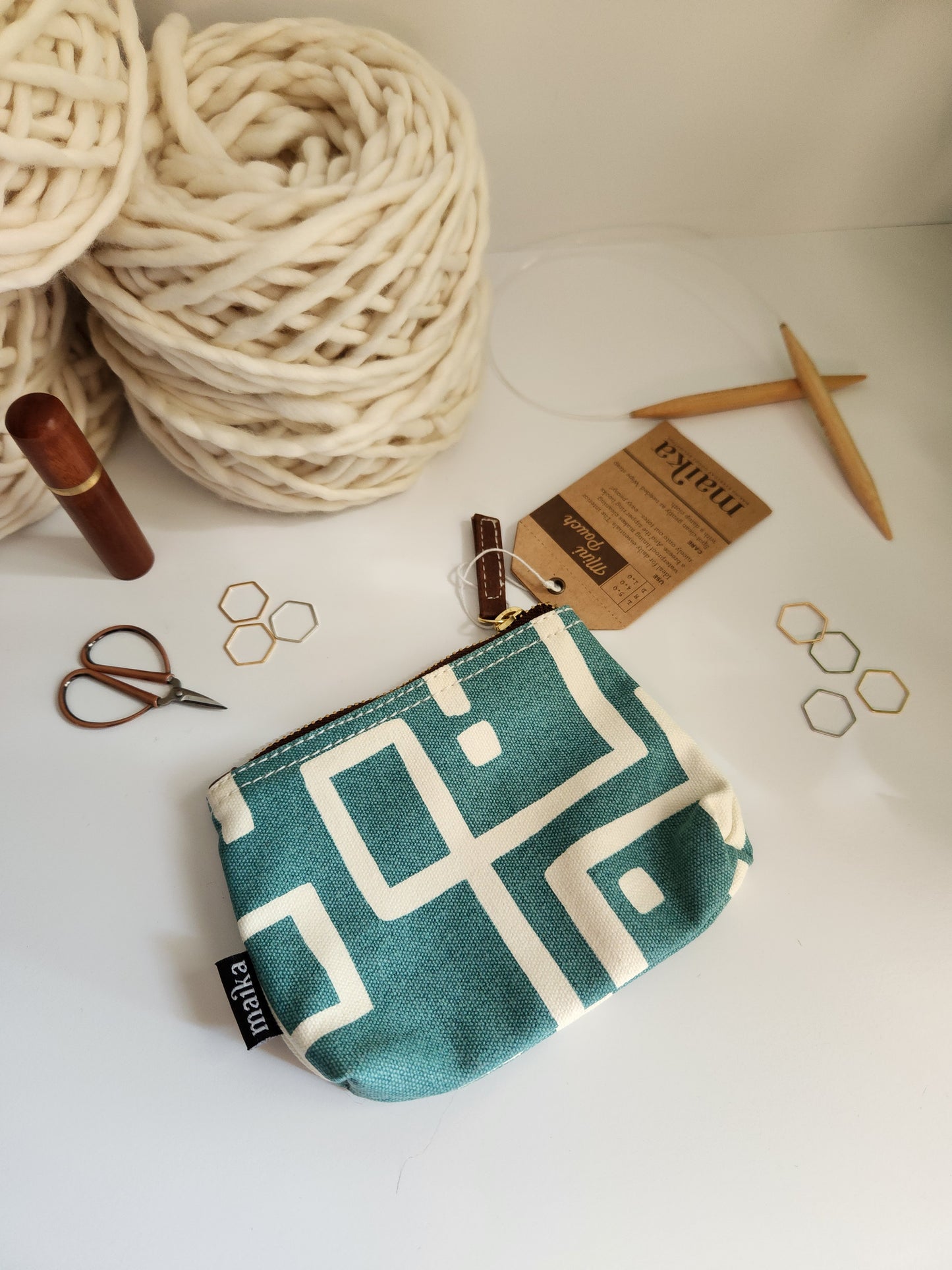 Knitting Project Bag, Small Zipper Pouch, Malibu