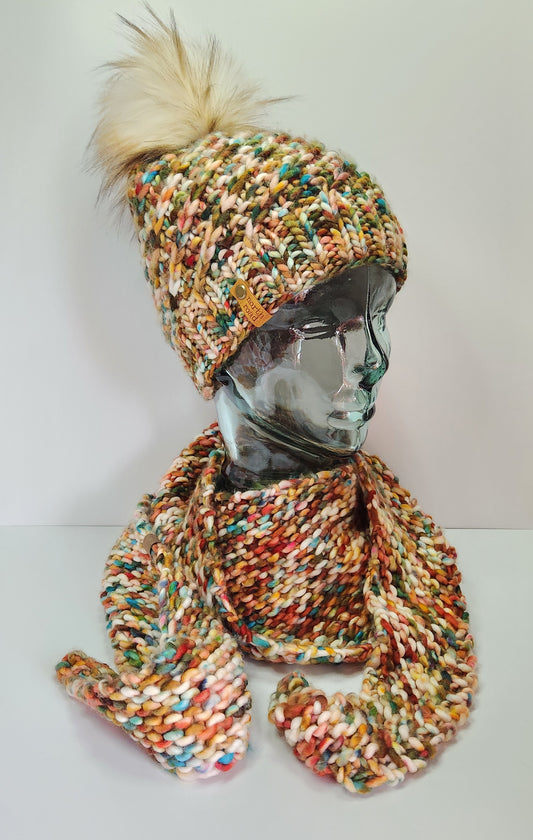 Merino Wool Pom Hat and Shawl Set