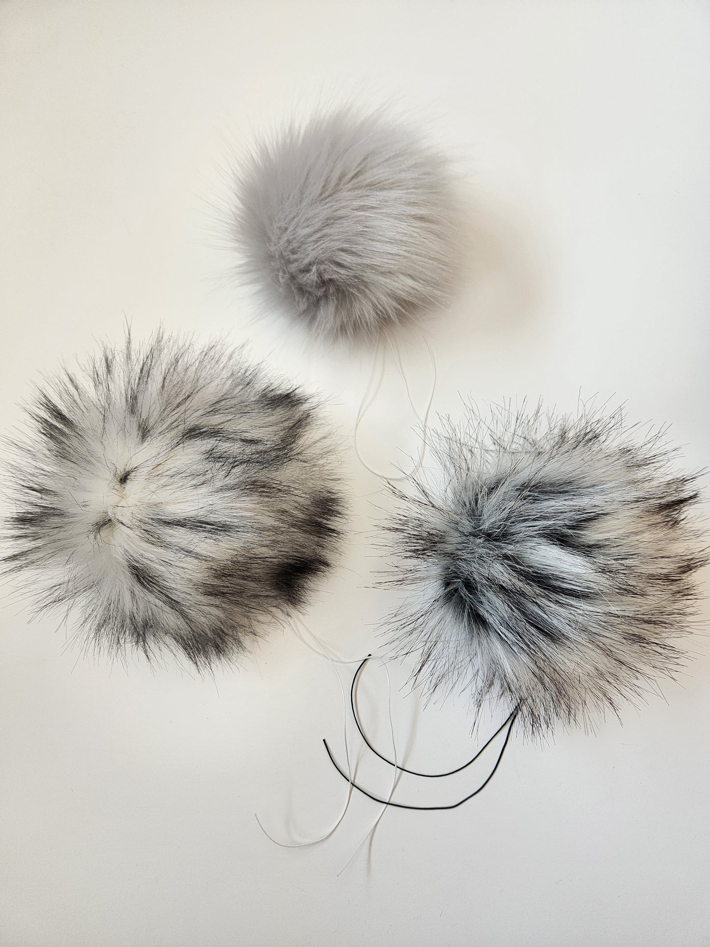 Set of 3 Handmade Faux Fur Pom Poms; Raccoon, Fog, White Wolf