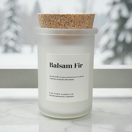 Five Pines Candle Co | Balsam Fir | North Road Knits | coconut wax | beeswax | Hand Poured | Ely, MN | Woman Owned | Toxin Free | Wood Wick 
