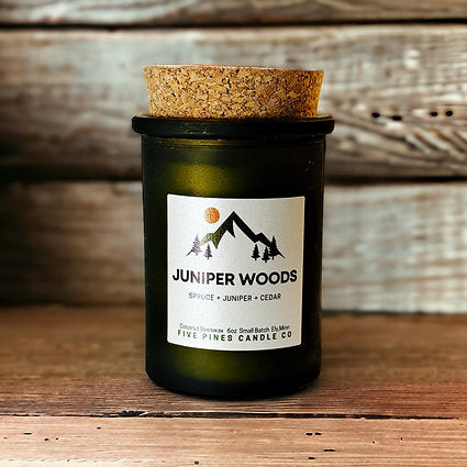Five Pines Candle Co | Juniper Woods | North Road Knits | coconut wax | beeswax | Hand Poured | Ely, MN | Woman Owned | Toxin Free | Wood Wick 