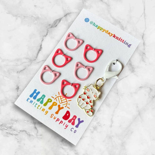 White Cat Stitch Marker with Cat Rings Stitch Marker Set