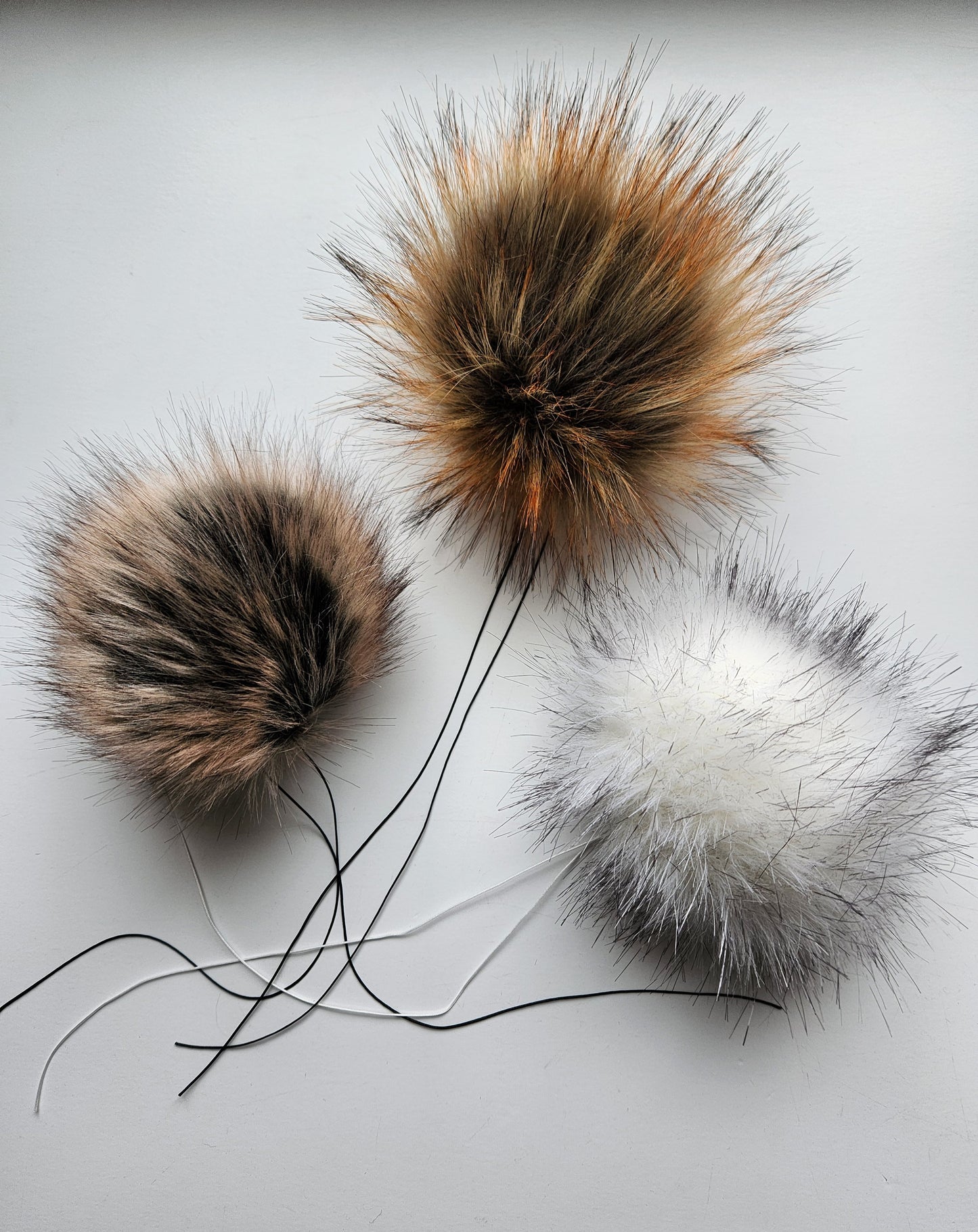 Set of 3 Handmade Faux Fur Pom Poms; Snow Wolf, Mocha, and Spice