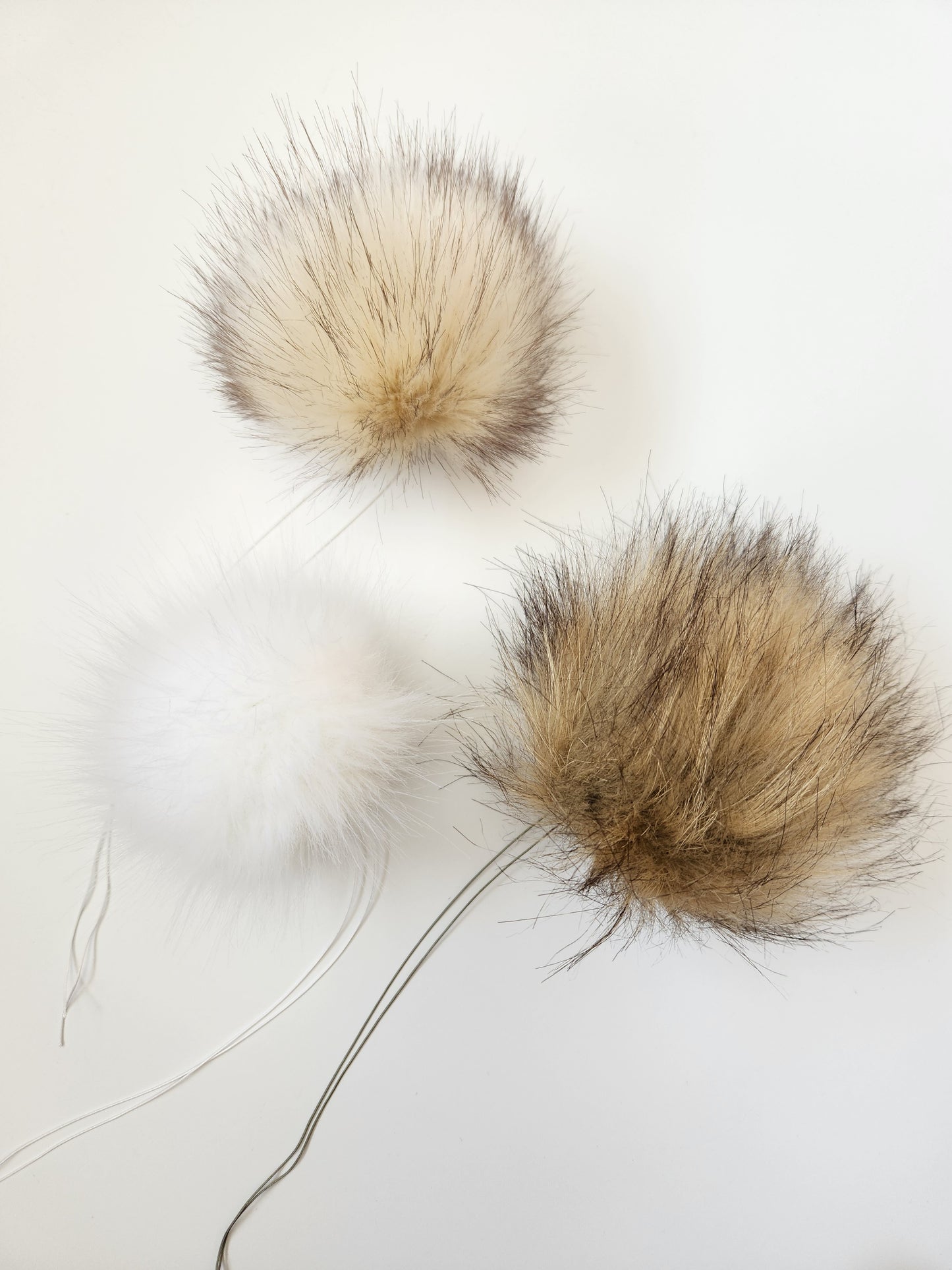 Set of 3 Handmade Faux Fur Pom Poms; Ice, Vanilla, Sand