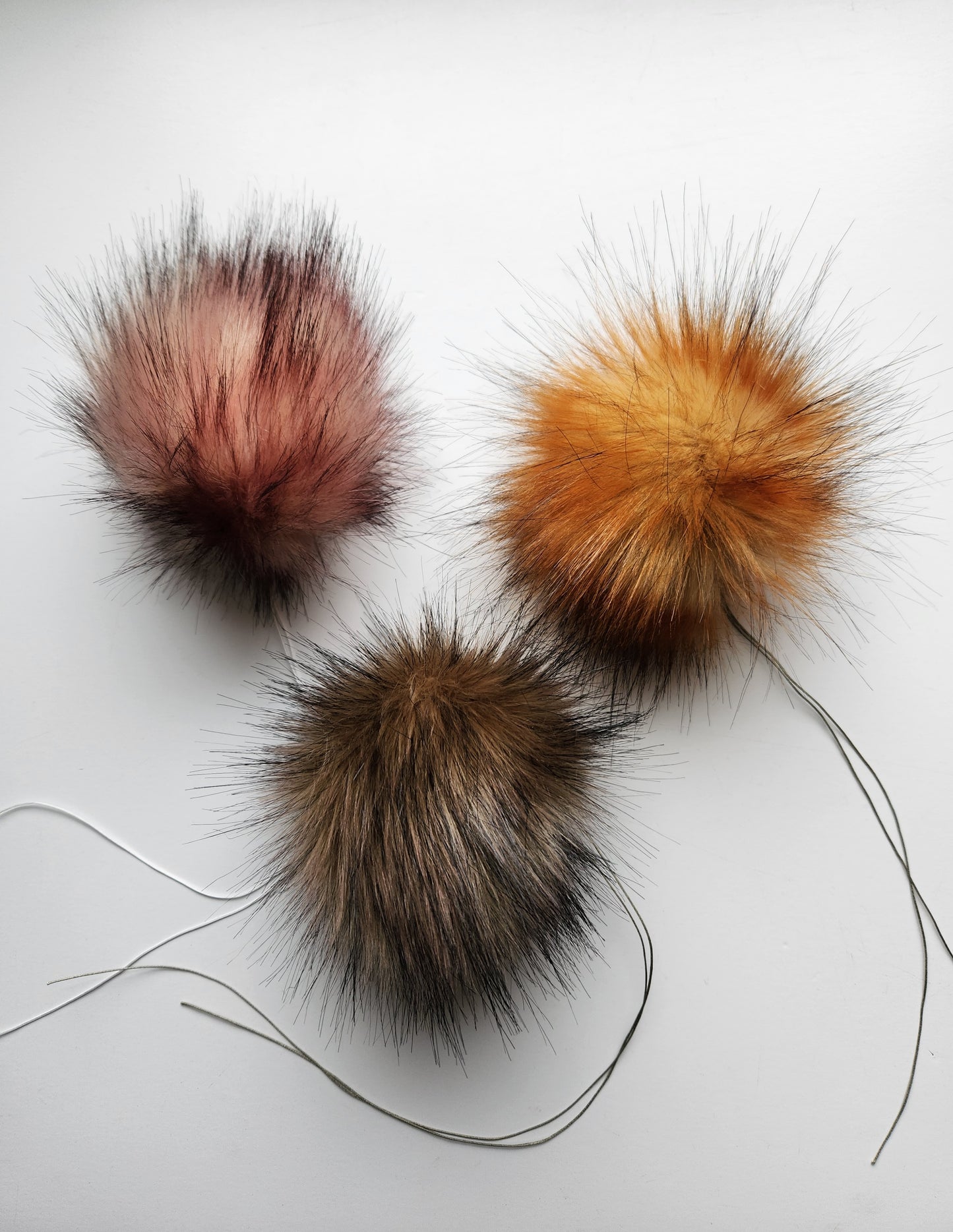 Set of 3 Handmade Faux Fur Pom Poms; Rose Quartz, Fire, Toffee