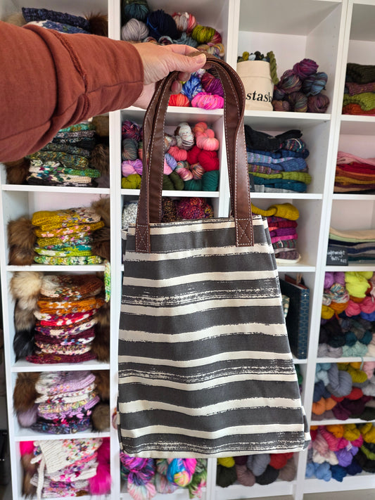 Knitting Project Bag, Market Tote, Stripes Charcoal