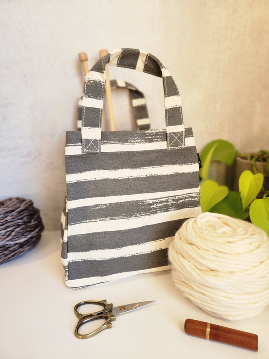 Knitting Project Bag, Lunch Tote, Stripes Charcoal