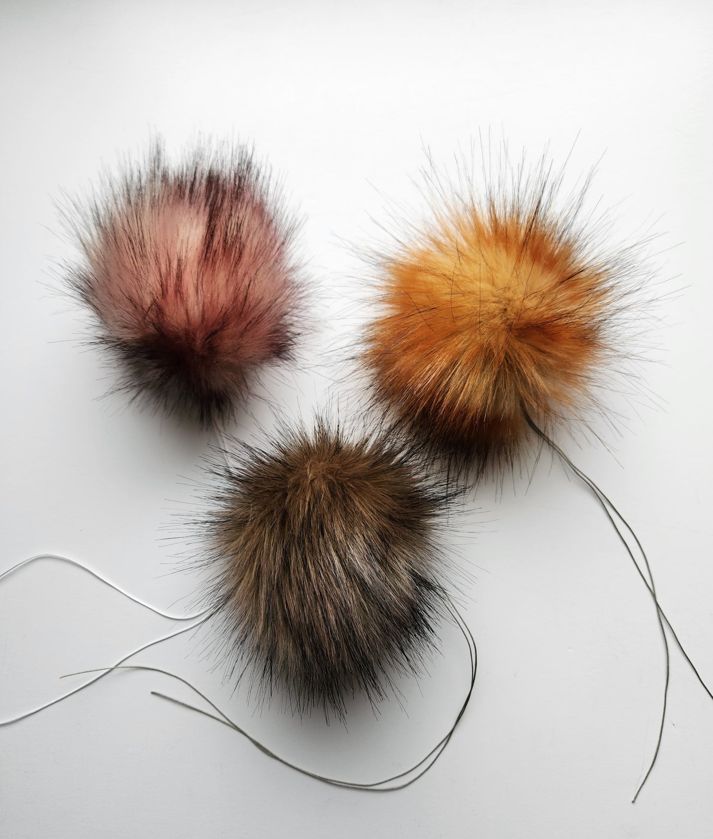 Set of 3 Handmade Faux Fur Pom Poms; Rose Quartz, Fire, Toffee