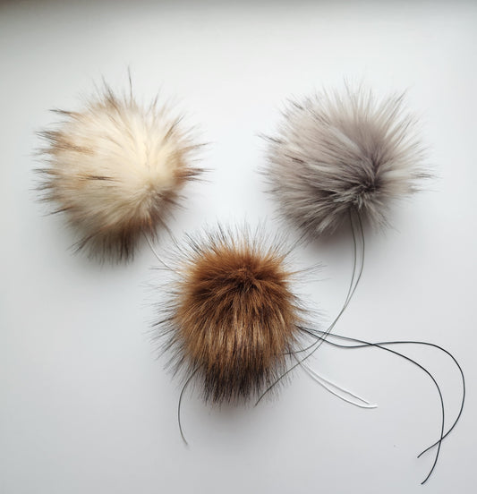 Set of 3 Handmade Faux Fur Pom Poms; Honey Wolf, Light Gray Wolf, Cream Wolf