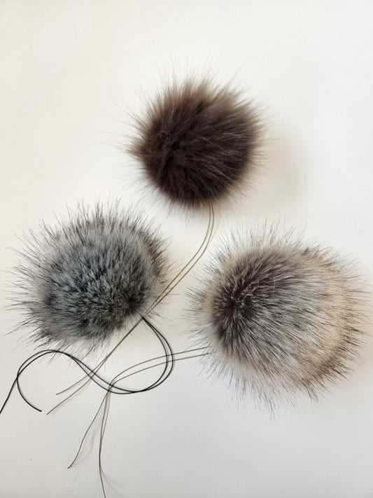 Set of 3 Handmade Faux Fur Pom Poms; Latte, Gray Fox, Smoke