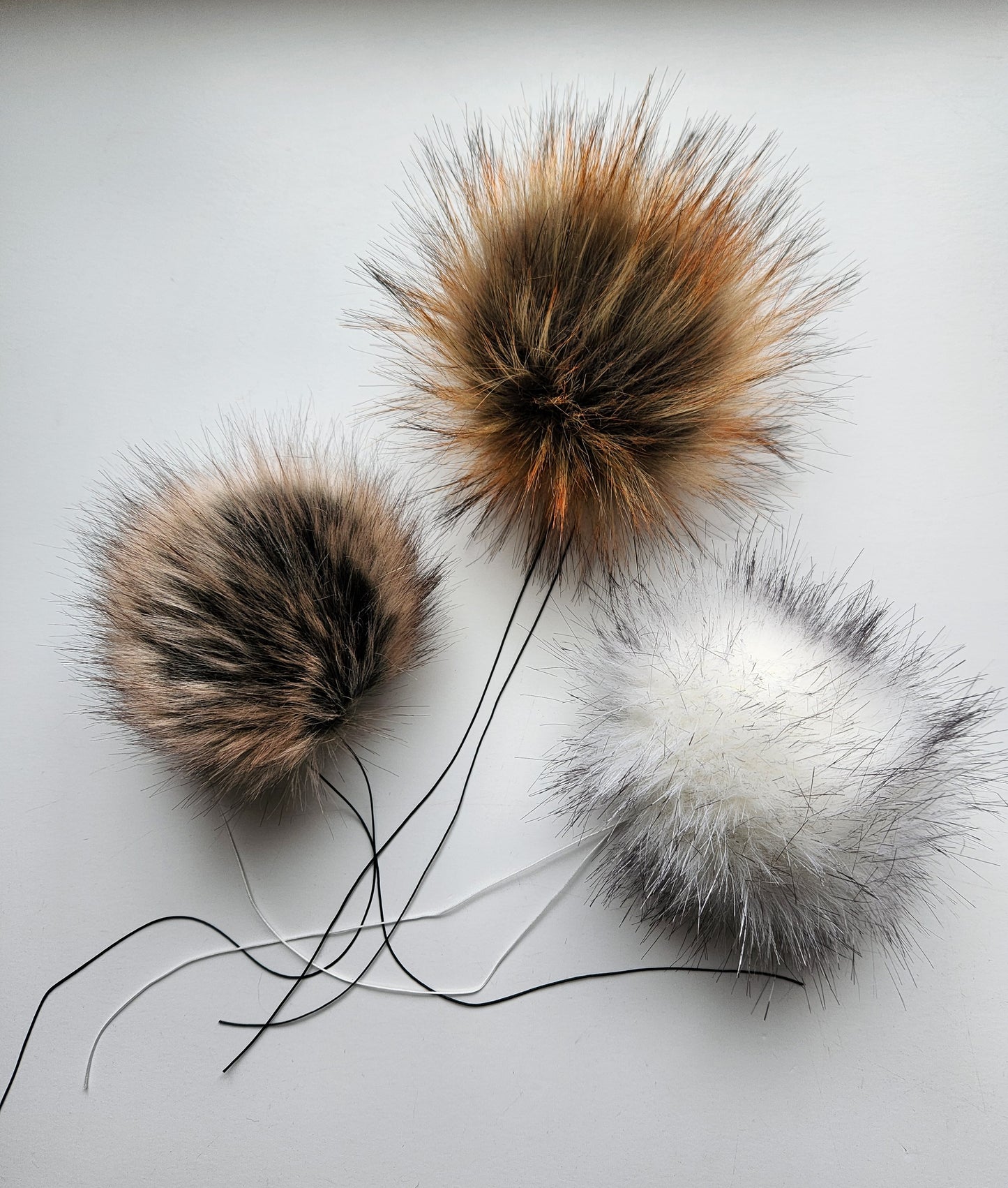 Set of 3 Handmade Faux Fur Pom Poms; Snow Wolf, Mocha, and Spice